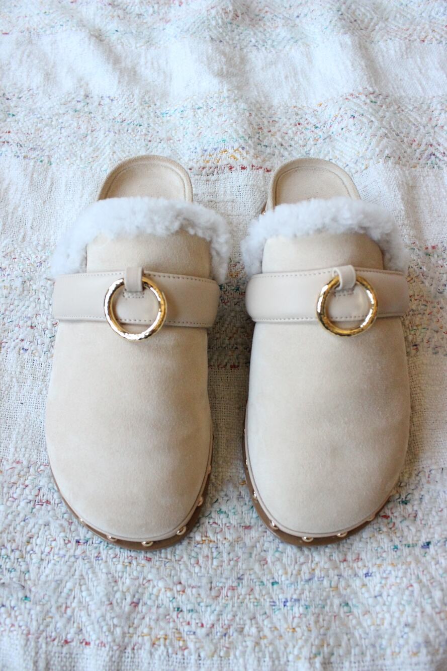 Ulla Johnson Ruby Shearling Fur Studded Suede Slip On Mule Slides Size 38.5
